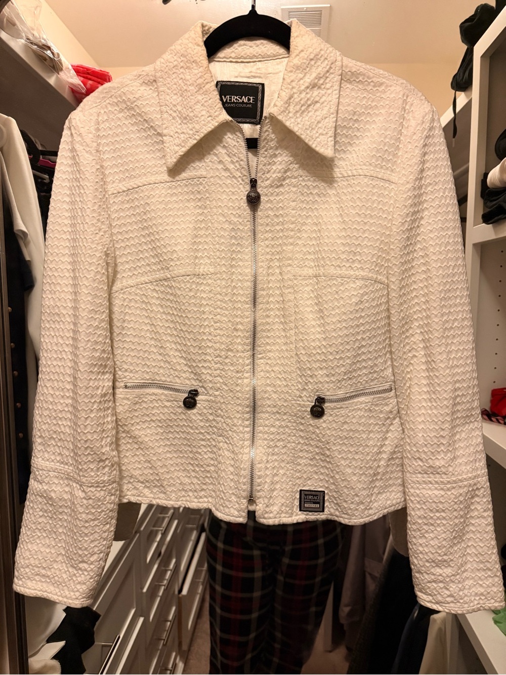 Versace Cream Quilted Zip-Front Blazer Jacket , white , size S.